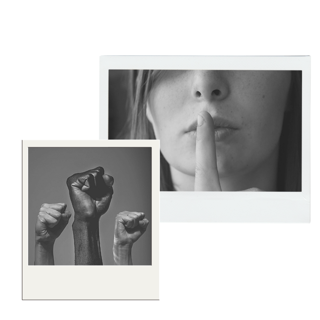 photo visage femme avec doigt devant la bouche et photo avec 3 points levés